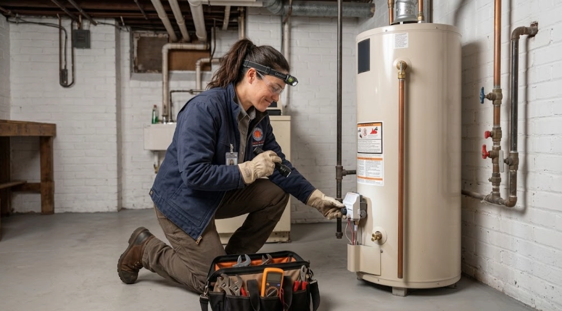 Plumbing technician checking the thermostat and burner assembly on a residential gas water heater.